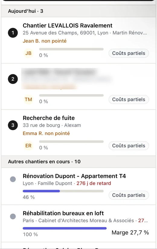 Accueil de l’app BatUp : chantiers du jour, pointage et avancement
