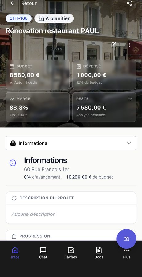 Application BatUp — détail d'un chantier sur mobile : budget, dépensé, marge et reste