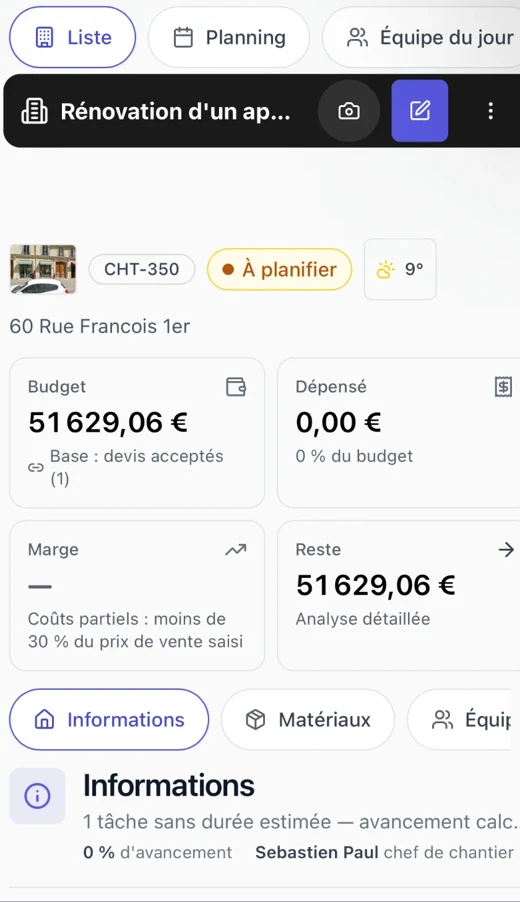 Fiche chantier de l’app BatUp : budget, dépenses, marge et reste à facturer
