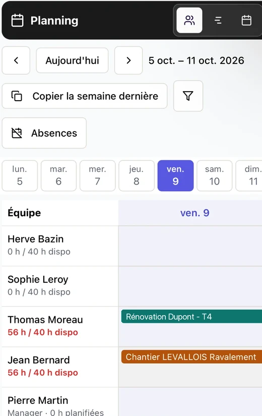 Planning de l’app BatUp : équipe de la semaine, heures disponibles et chantiers affectés
