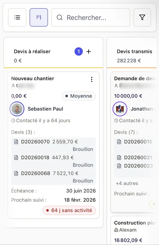 CRM de l’app BatUp : affaires en cours par étape, devis et relances