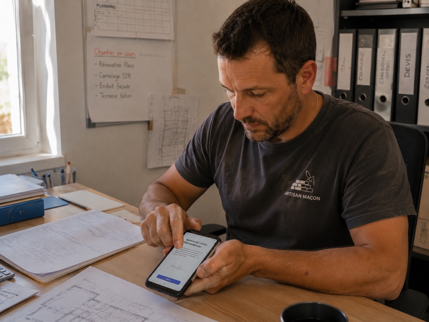 Patron BTP signant le mandat PDP sur son smartphone depuis son atelier