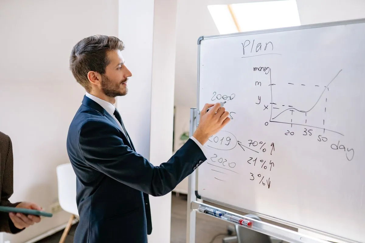 Dirigeant qui organise son planning au tableau blanc