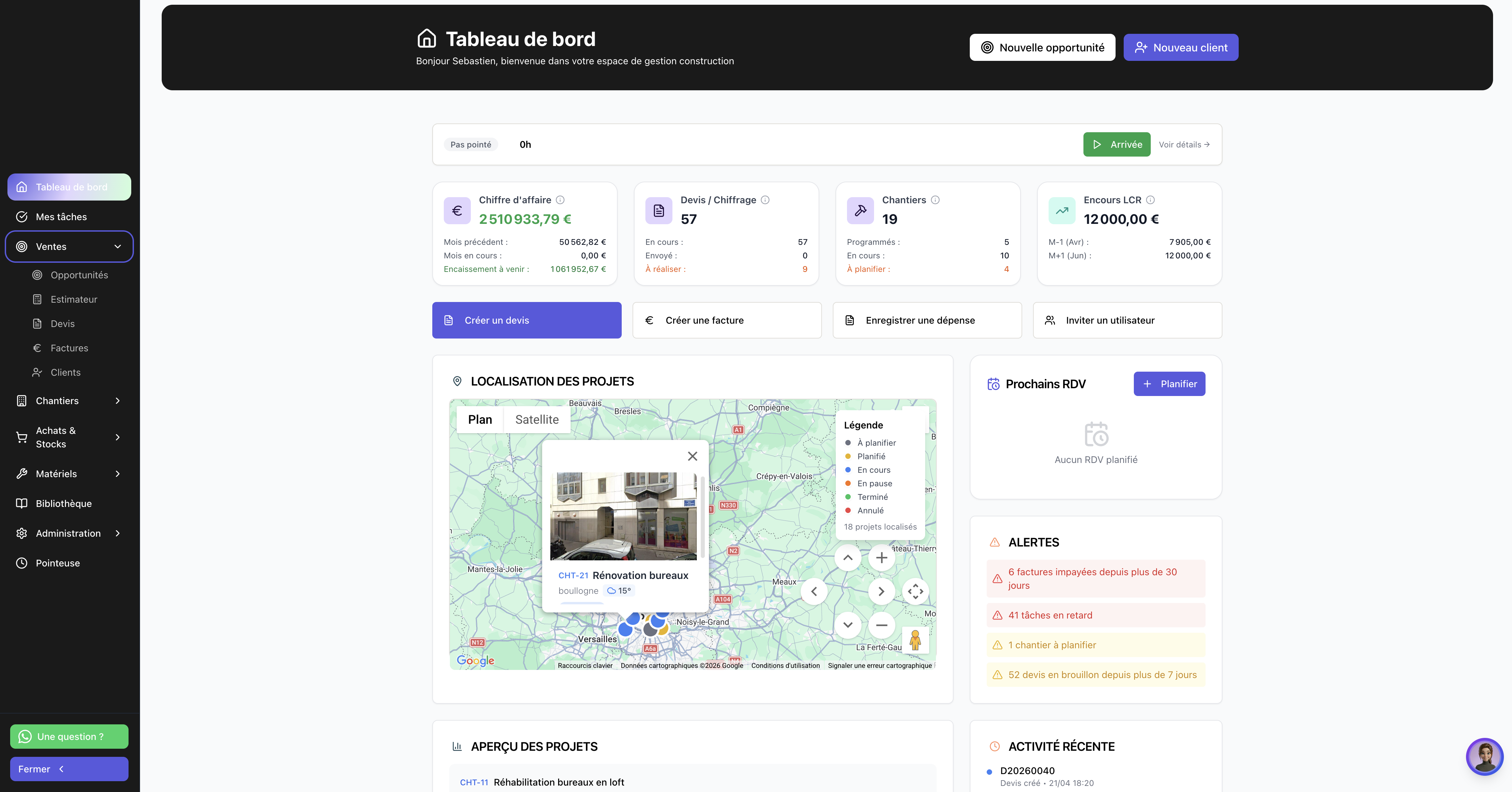 Tableau de bord BatUp - Logiciel de gestion BTP