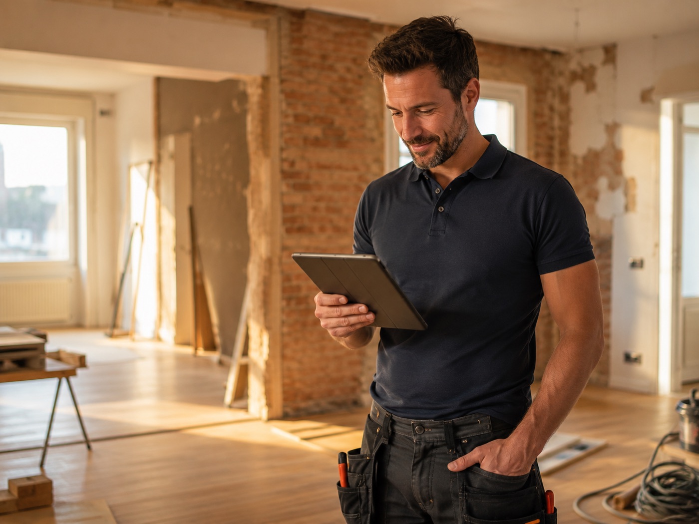 Artisan BTP en rénovation consultant BatUp sur tablette pour la facturation électronique