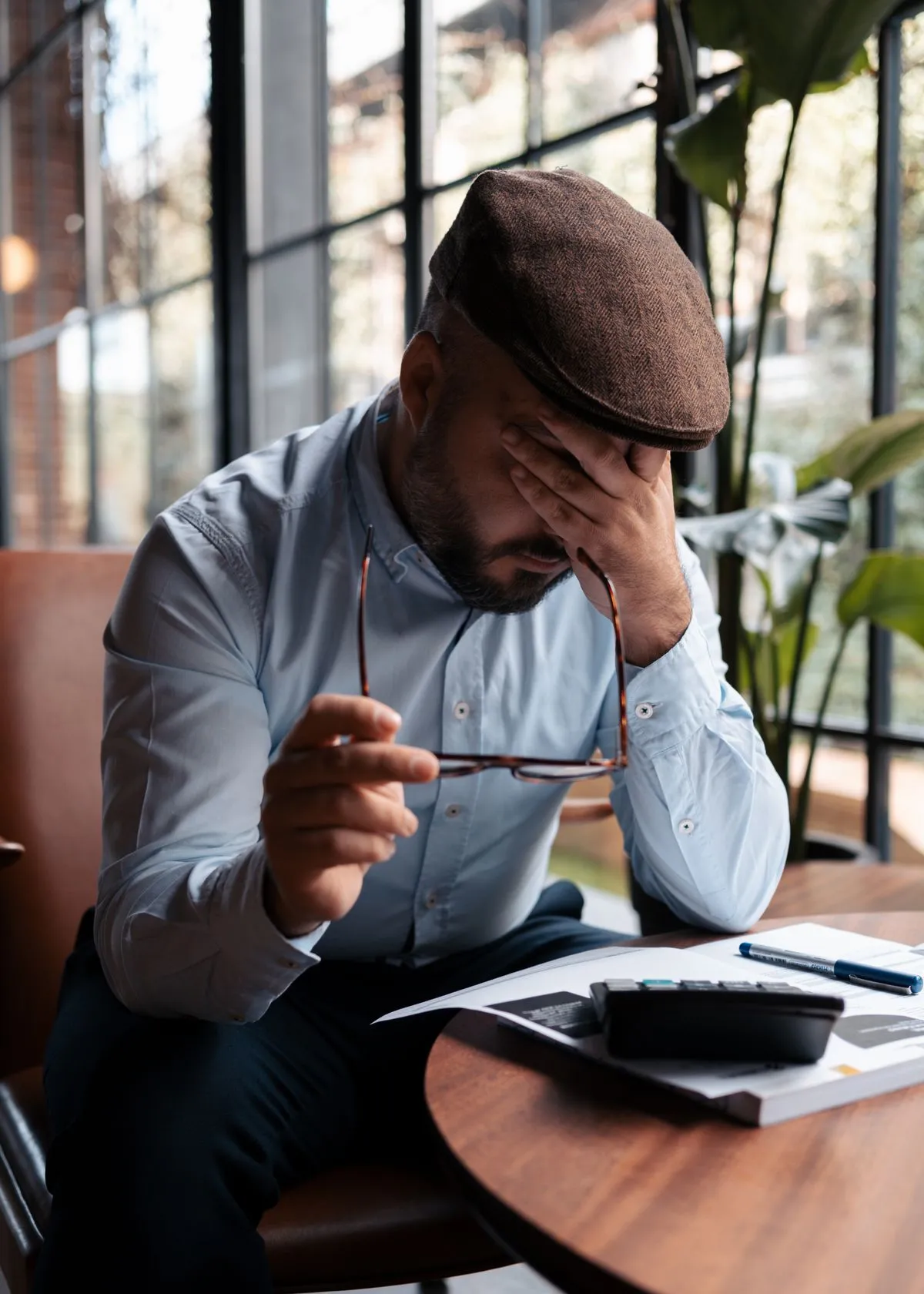 Chef d’entreprise fatigué, la tête dans la main, devant ses papiers et sa calculatrice